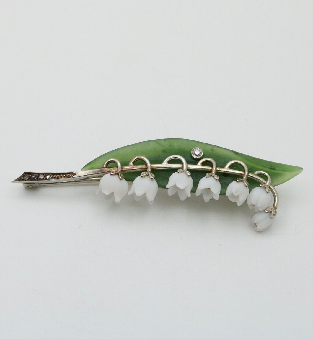 Art Deco Lily of the Valley Jade Rose Cut Diamonds 14K White Gold Brooch Pin