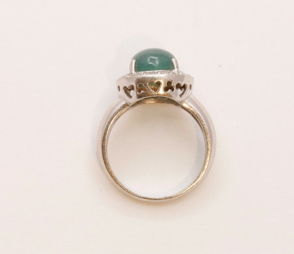 Vintage Watery Transcluscent Jade Diamonds Halo 14K White Gold Ring