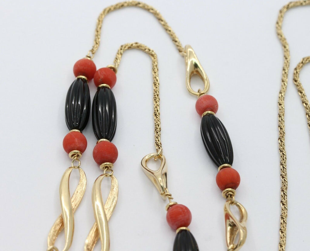 Vintage 14K Yellow Gold Onyx Coral Stacking Rope Style Necklace
