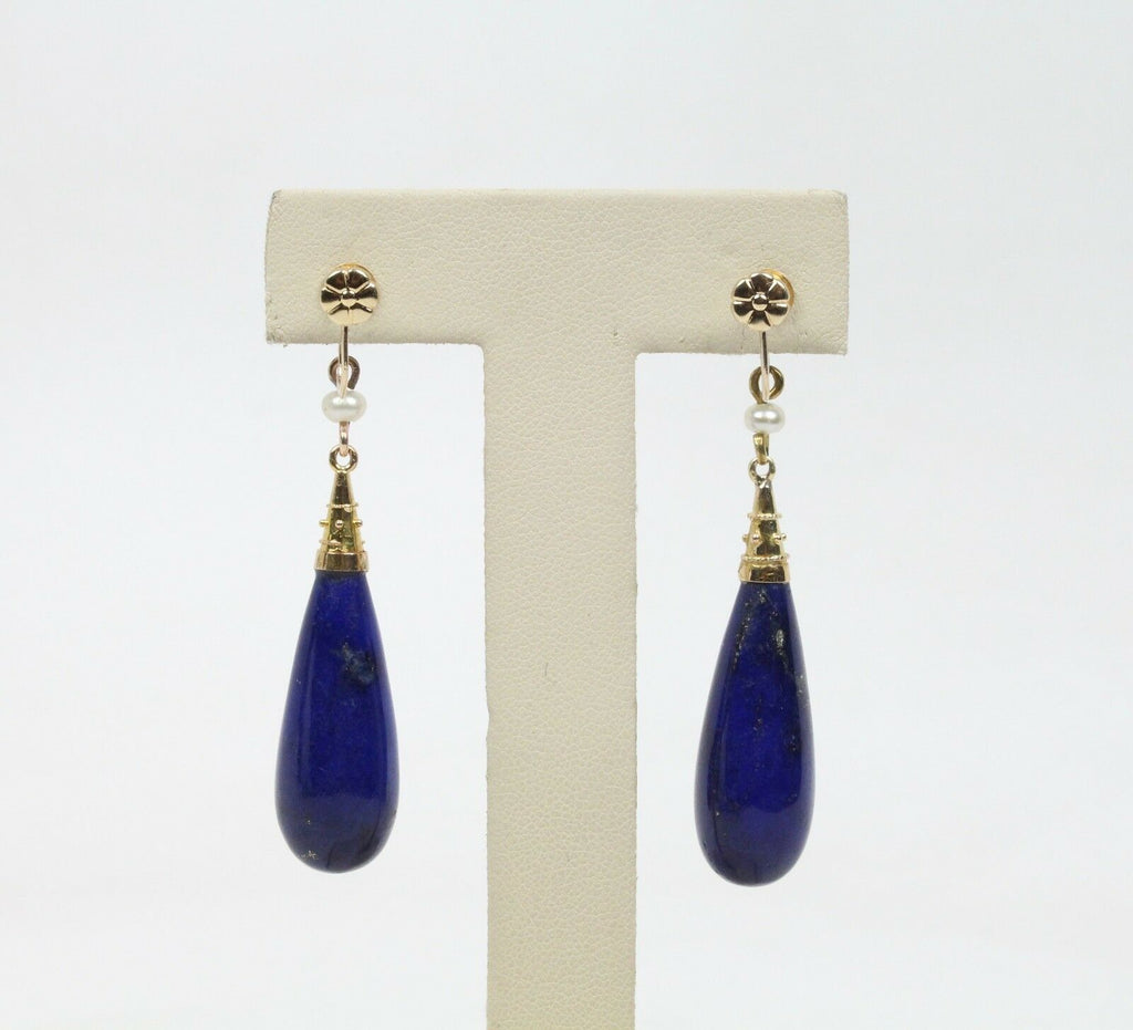 Vintage 14K Yellow Gold Lapis Lazuli Tear Drop Earrings
