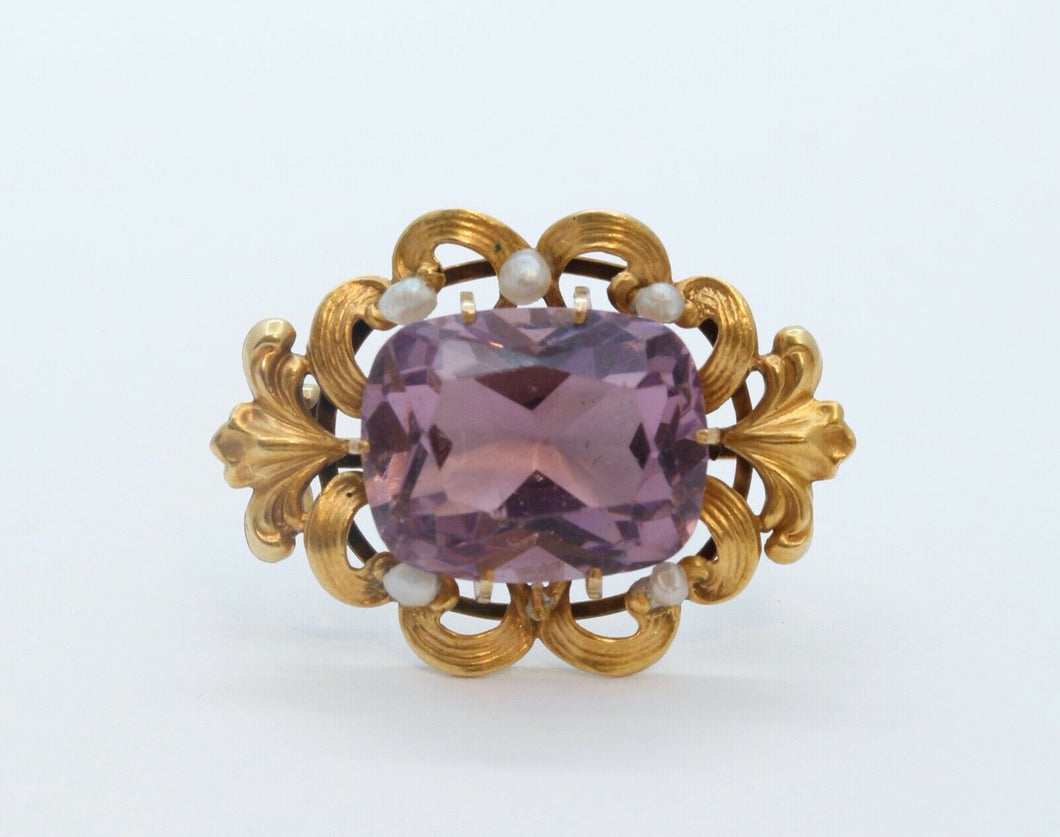 Art Nouveau Amethyst Seed Pearls 10K Yellow Gold Brooch Pin