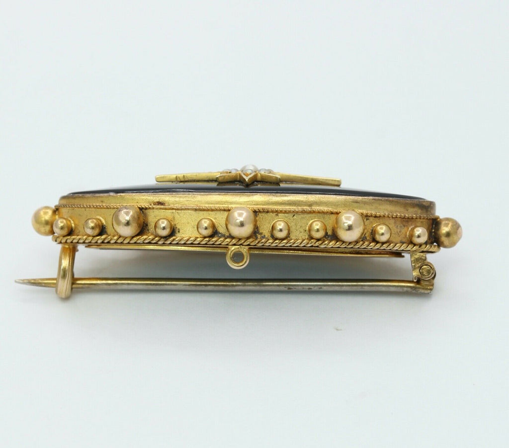 Victorian 15K Yellow Gold Black Onyx Seed Pearls Memorial Brooch