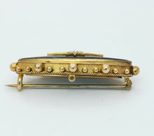 Load image into Gallery viewer, Victorian 15K Yellow Gold Black Onyx Seed Pearls Memorial Brooch
