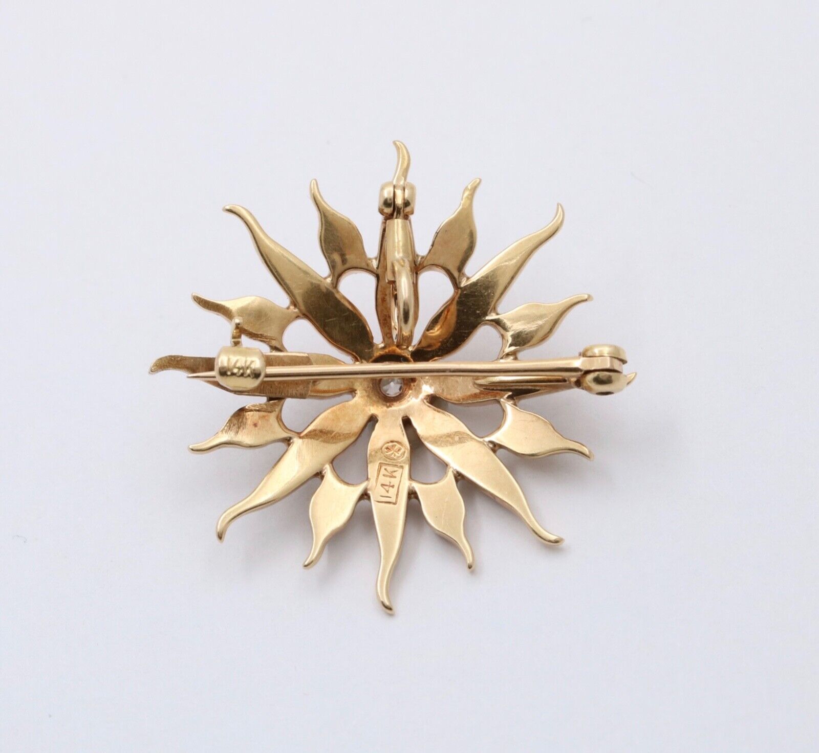 Victorian Edwardian Starburst Diamond Seed Pearls 14K Yellow Gold Pendant Brooch
