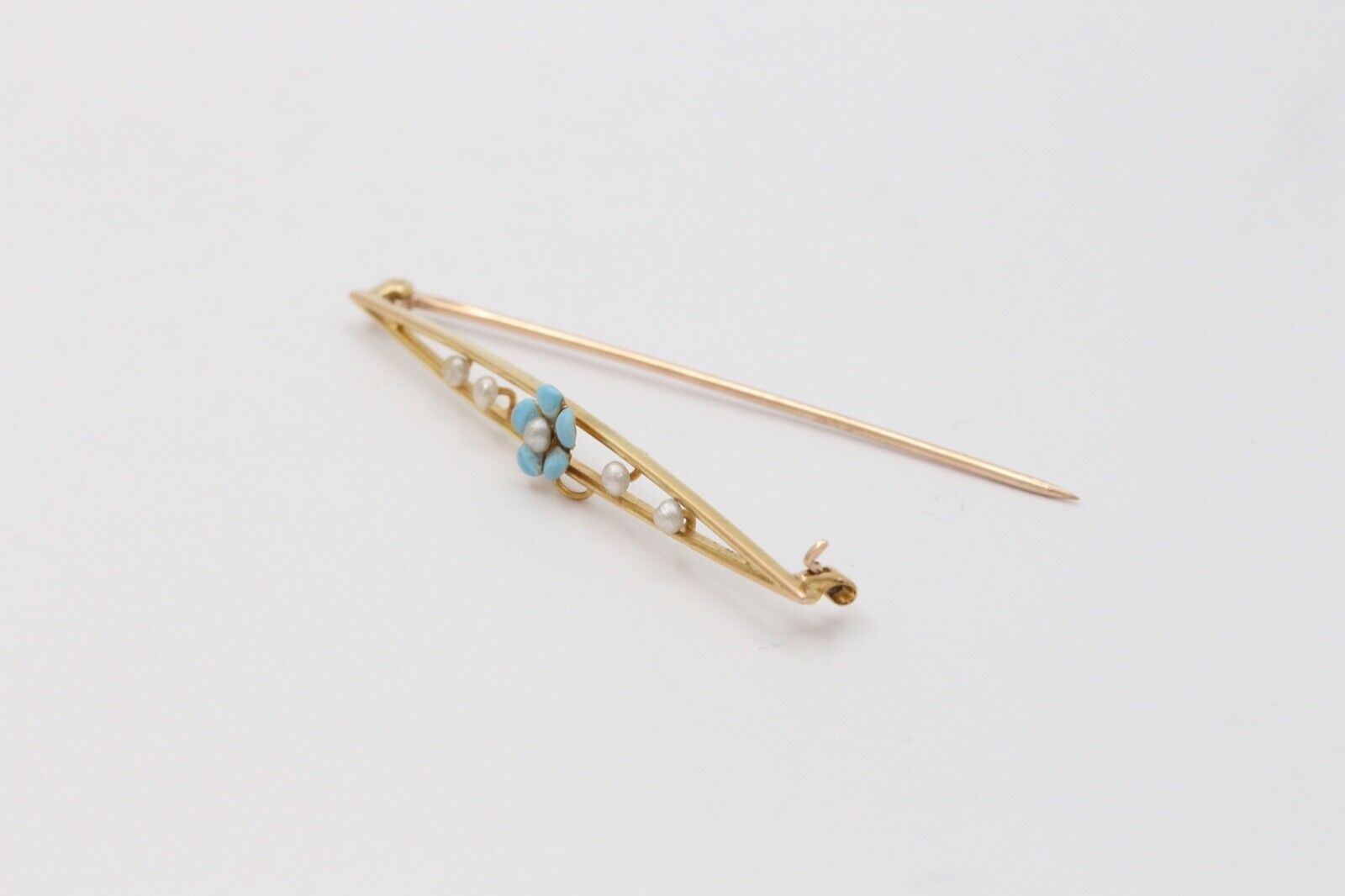 Antique Art Nouveau 10k Yellow Gold Forget Me Not Pearl Enamel Bar Pin