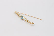 Load image into Gallery viewer, Antique Art Nouveau 10k Yellow Gold Forget Me Not Pearl Enamel Bar Pin
