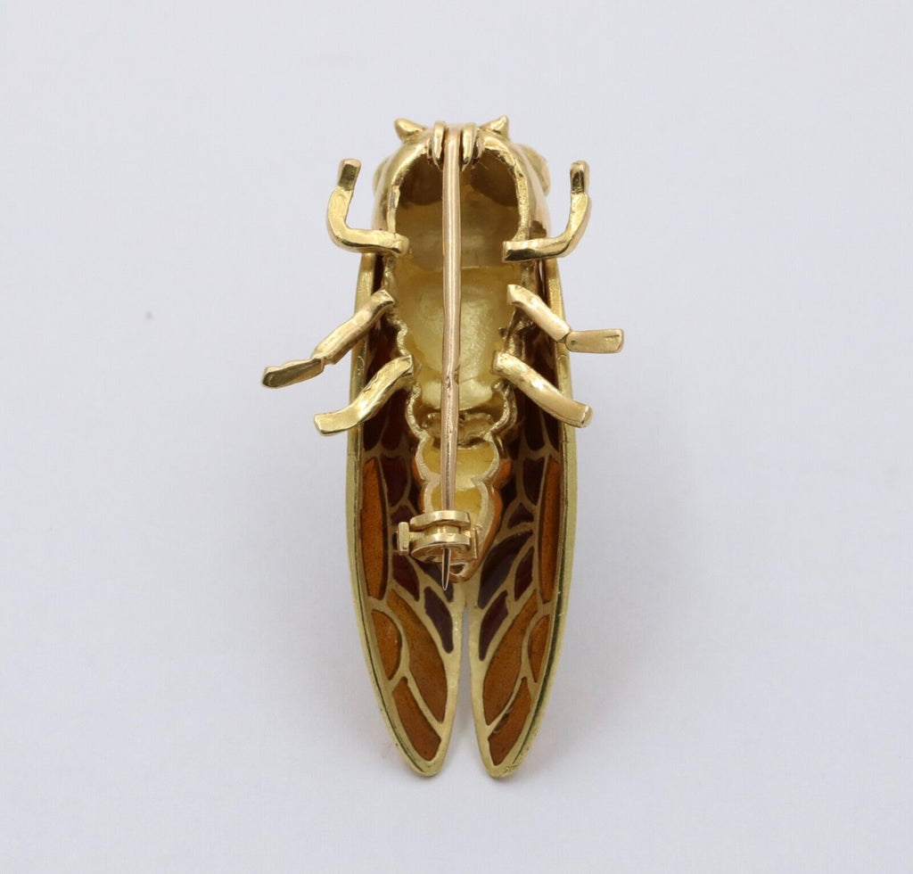 The Handcrafted 18K Yellow Gold Plique A Jour Cicada Diamond Brooch.