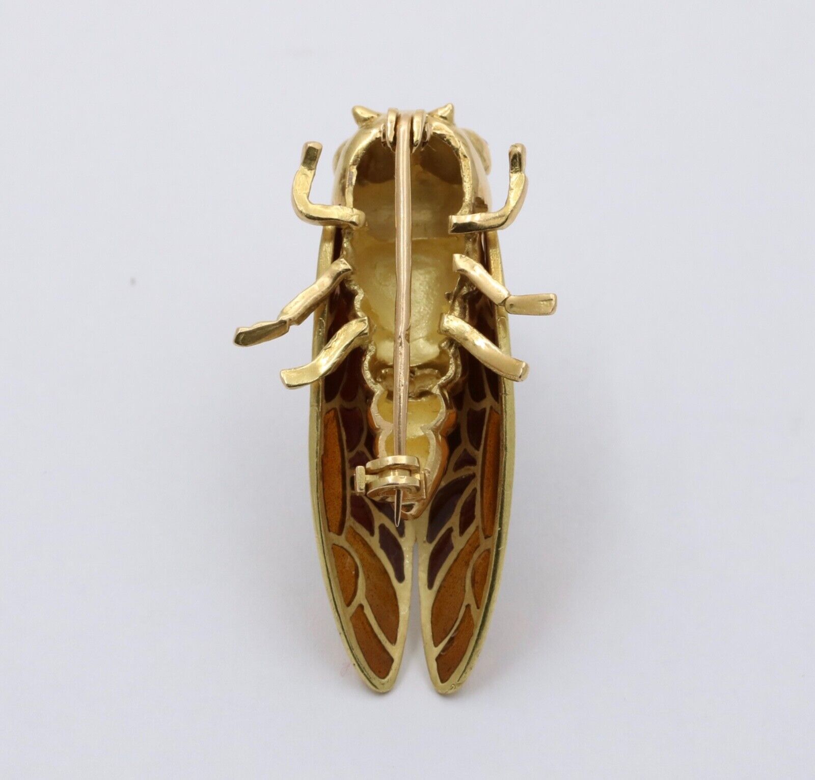 The Handcrafted 18K Yellow Gold Plique A Jour Cicada Diamond Brooch.