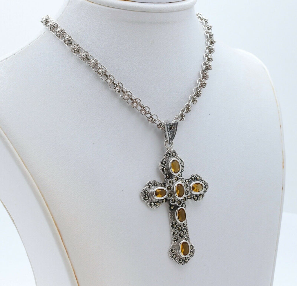 Navajo Citrine Marcasite Sterling Silver Cross Pendant
