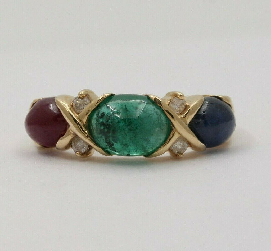 Vintage Three Stones Cabochon Emerald, Ruby And Sapphire 14K Yellow Gold Ring