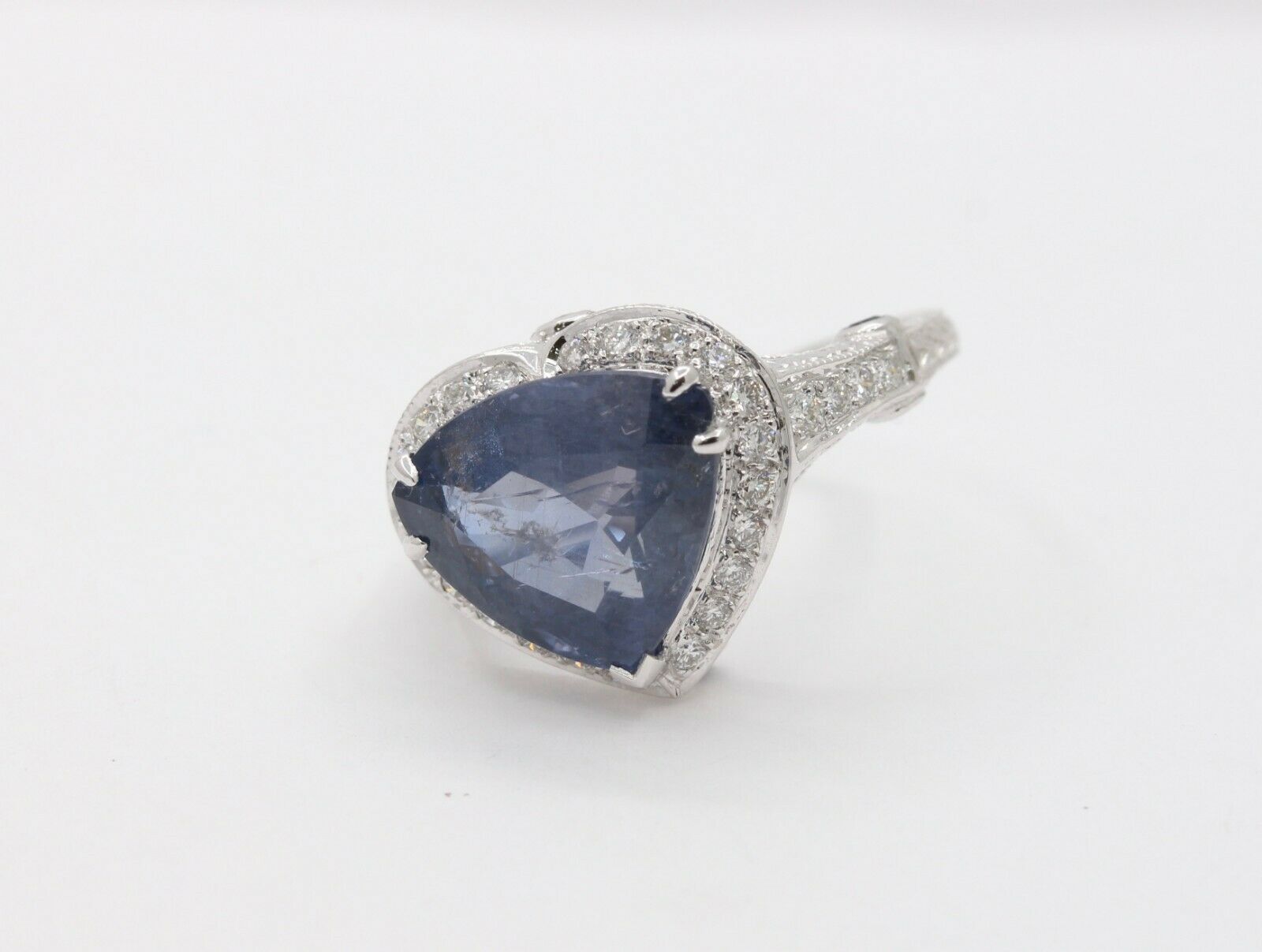 Vintage 18K White Gold Trillion- Cut Sapphire Diamond Halo Ring