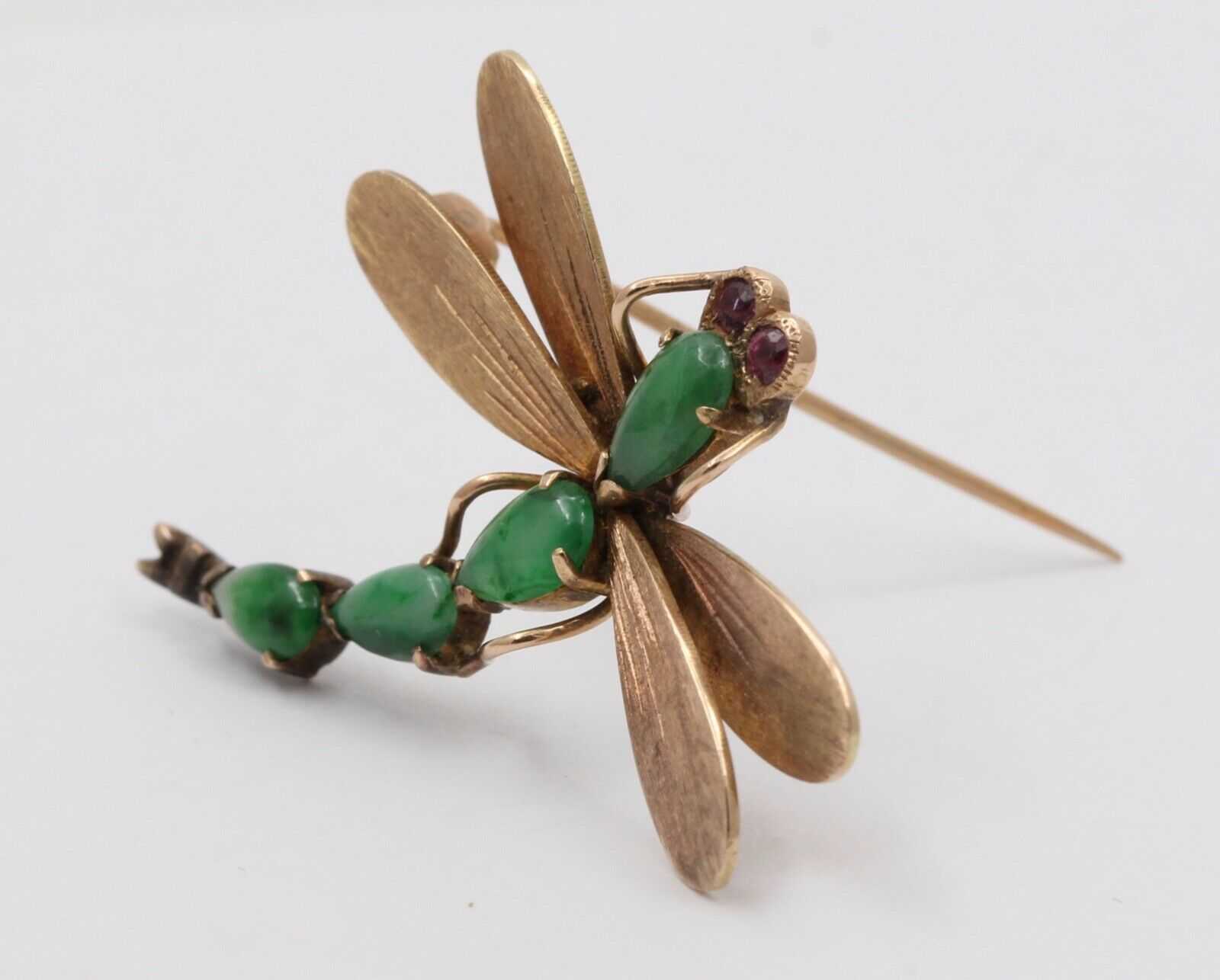Vintage 14K Yellow Gold Jade Rubies Dragonfly Brooch Pin