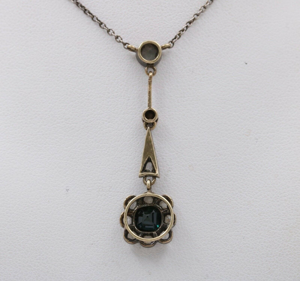 Edwardian 14K Gold & Silver Sapphire, Rose Cut Diamond Floral Lavalier Necklace
