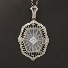 Load image into Gallery viewer, Art Deco 10K Gold Camphor Glass Diamond Pendant.
