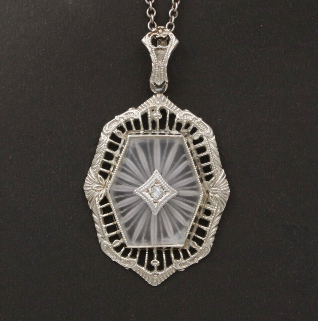 Art Deco 10K Gold Camphor Glass Diamond Pendant.