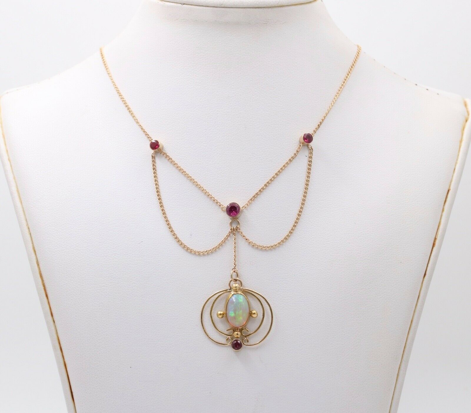 Art Nouveau 14K Yellow Gold Opal & Pink Tourmaline Festoon Necklace, Pendant.