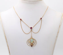 Load image into Gallery viewer, Art Nouveau 14K Yellow Gold Opal &amp; Pink Tourmaline Festoon Necklace Pendant .
