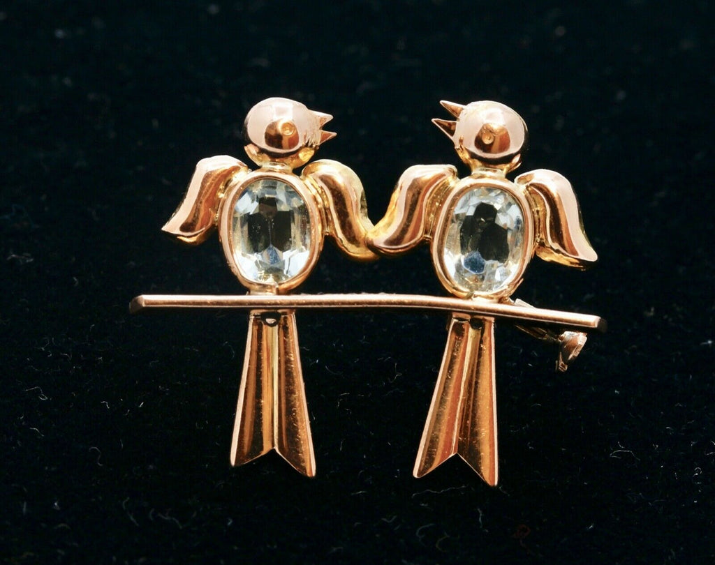 Vintage Lovebirds 18K Rose Gold Aquamarines Brooch Pin
