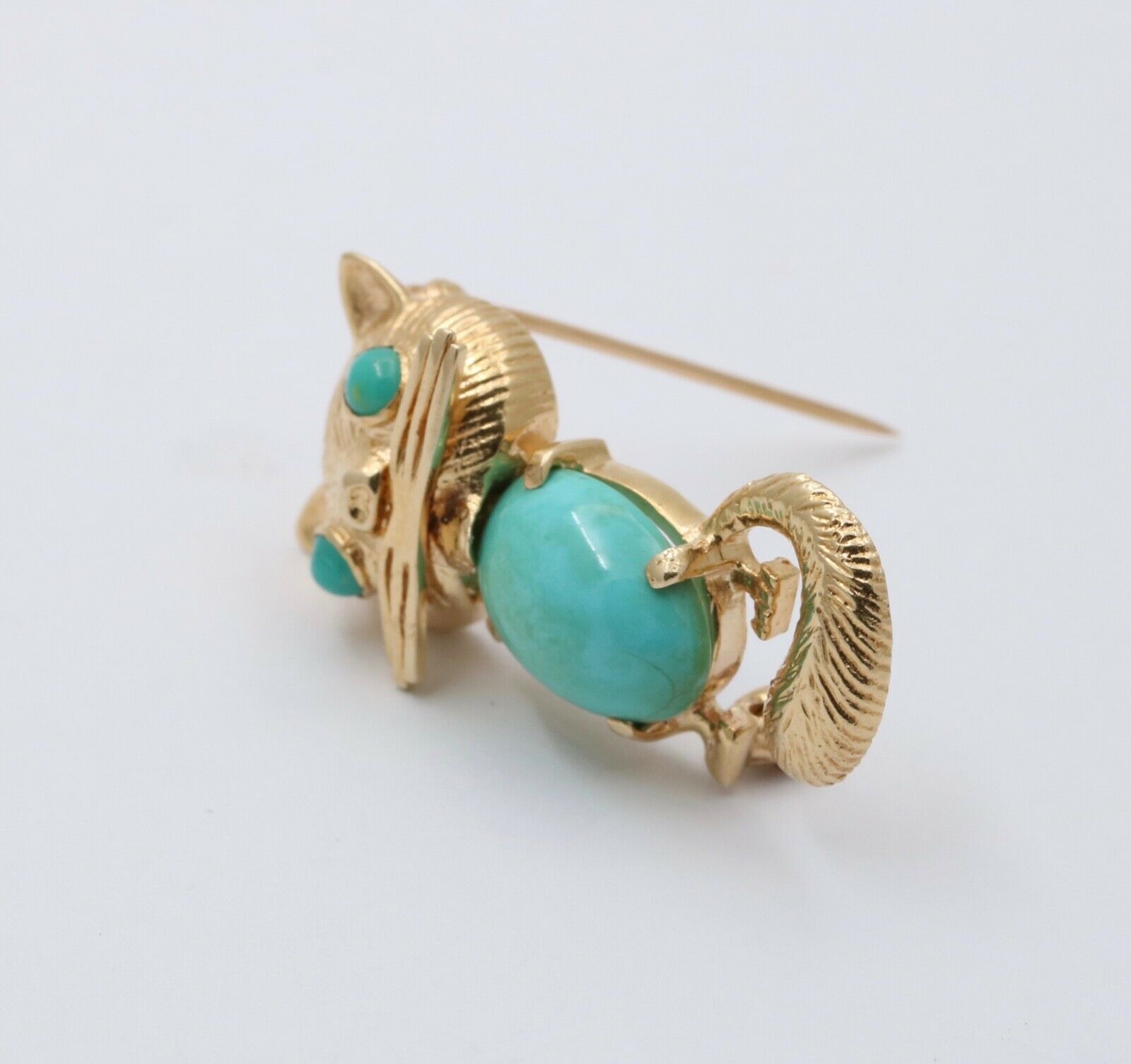 Vintage 14K Yellow Gold Turquoise Kitty Cat Brooch, Pin