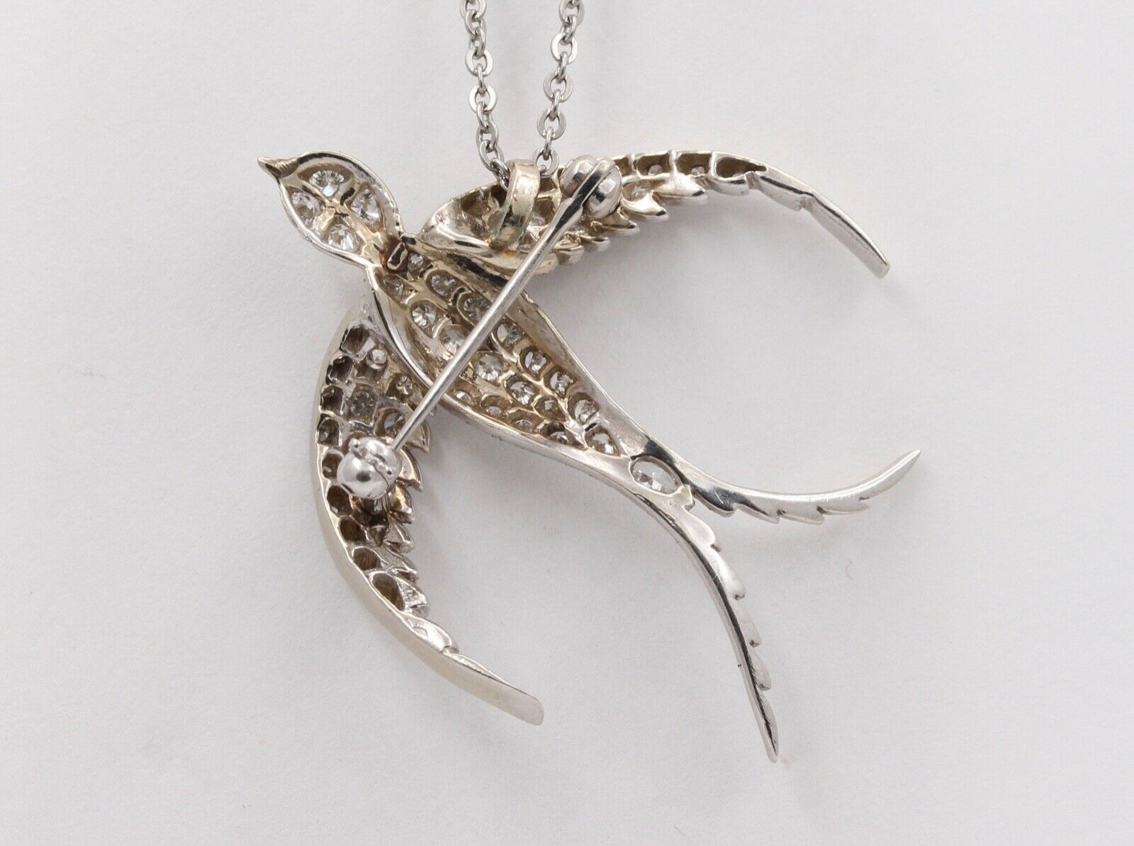 Vintage Swallow Bird Diamonds 14K White Gold Pendant Brooch Pin