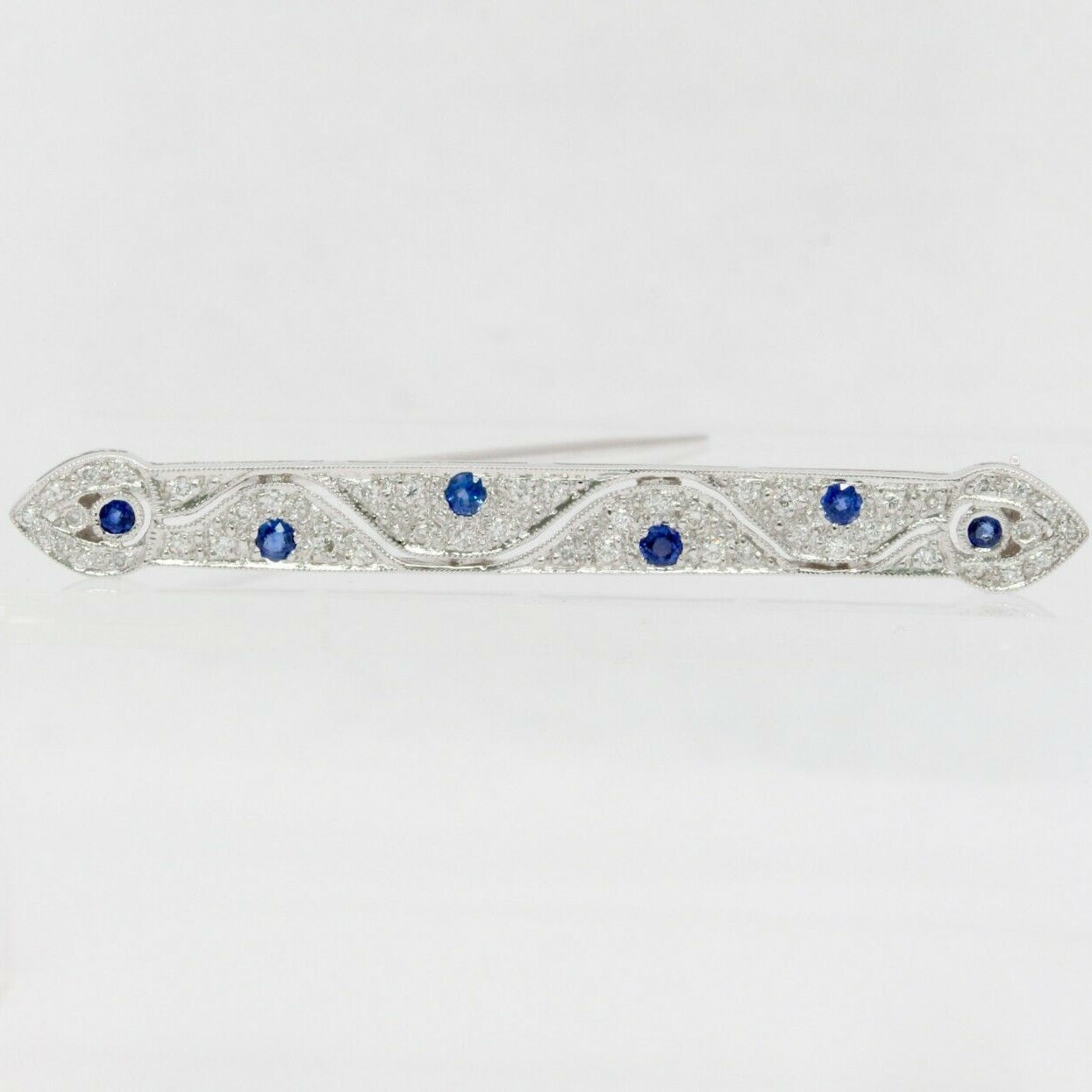 Vintage 18K White Gold Diamond Sapphire Bar Pin