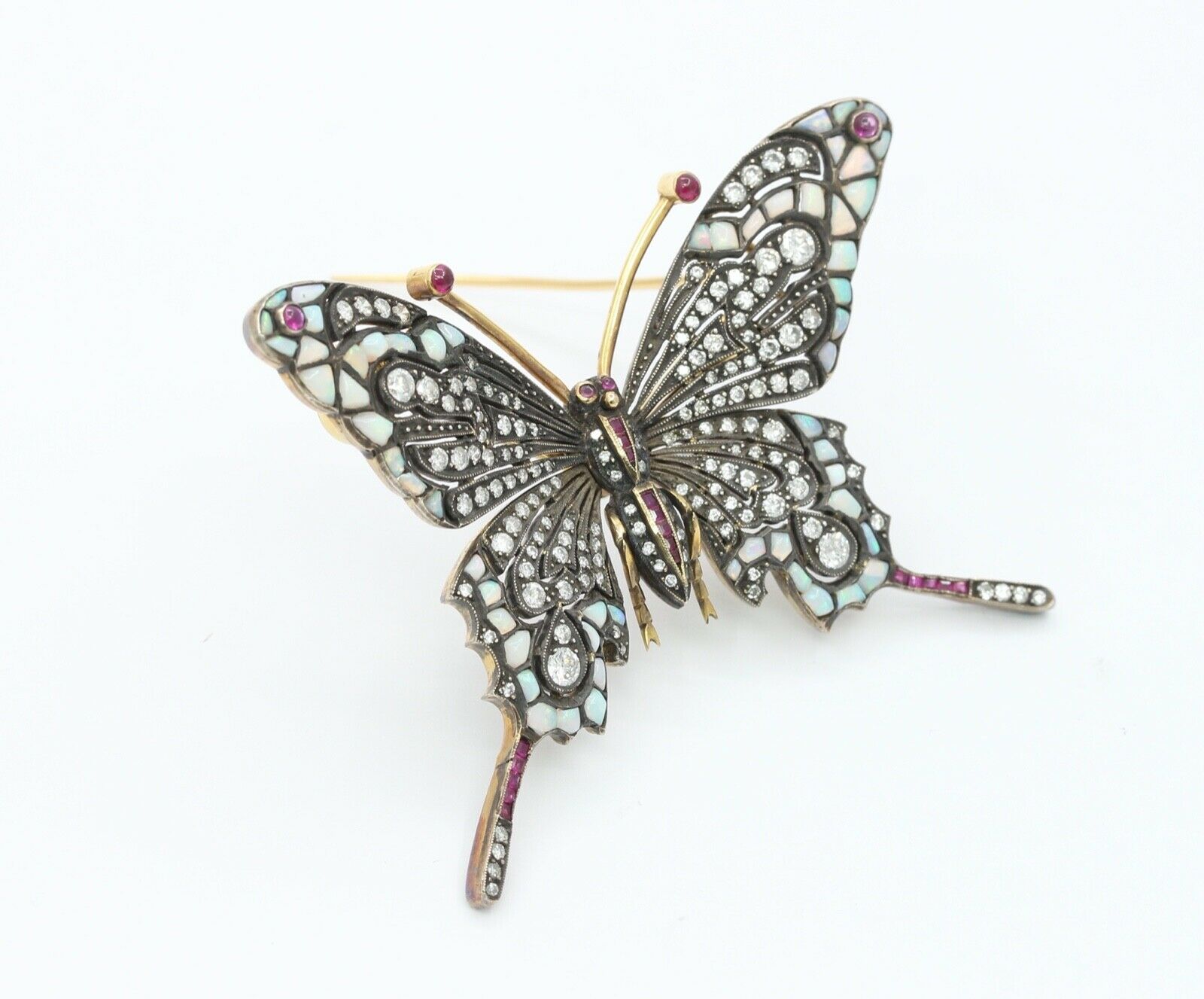 Beautiful Vintage Butterfly Brooch 14K Sterling Silver Diamonds Rubies Opals