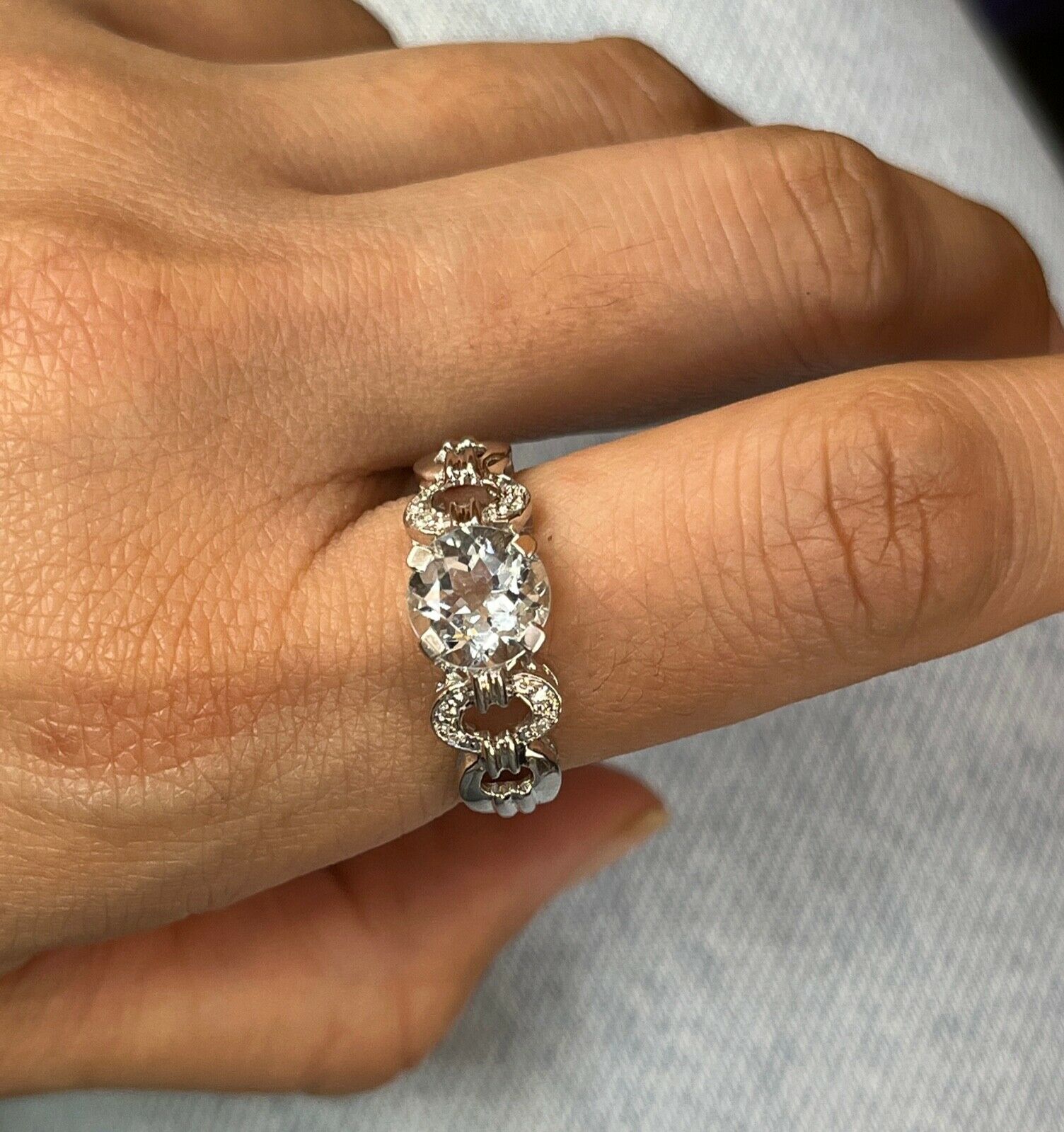 Vintage 14K White Gold Aquamarine Diamond Ring Band, Engagement Ring.