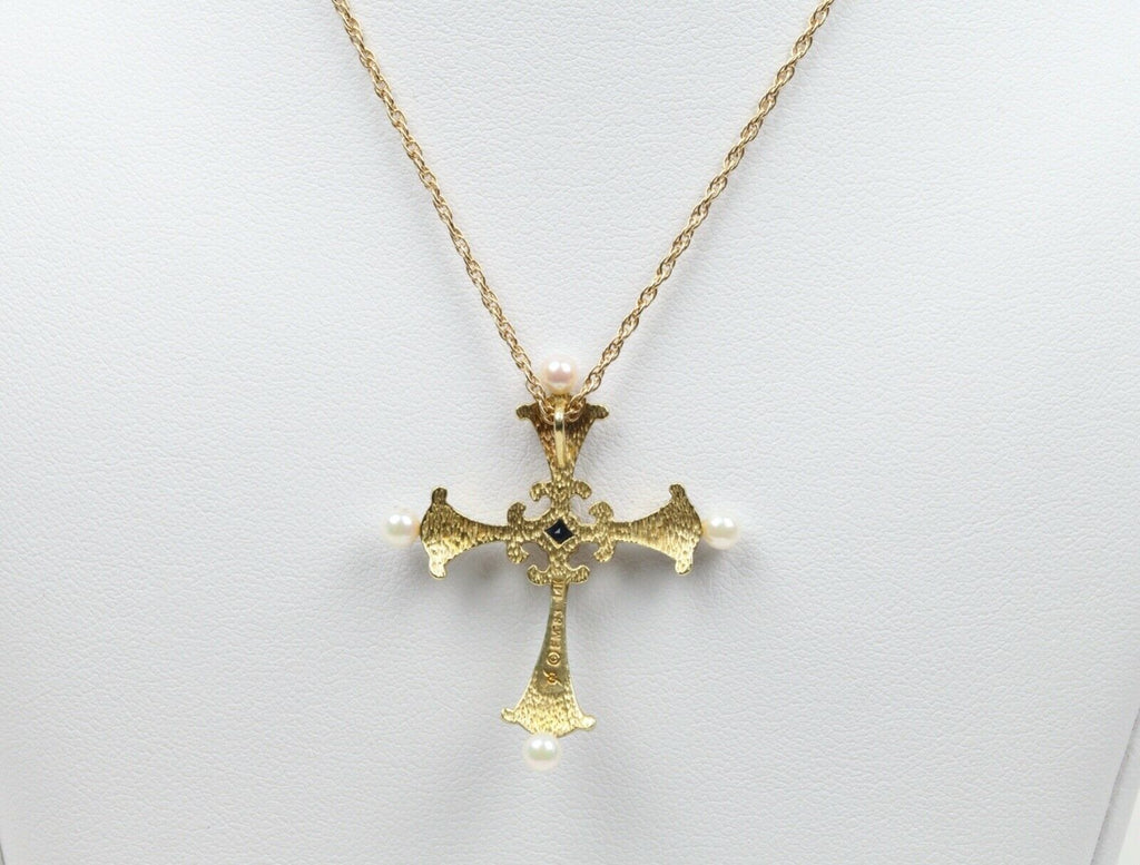 Faberge 1983 Enamel 14K Franklin Mint Sapphire Midnight Cross Pendant with Chain