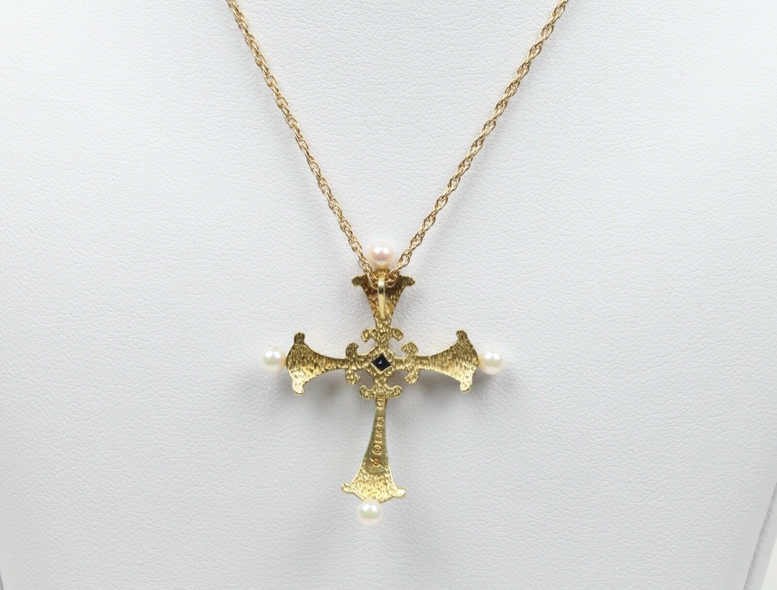 Faberge 1983 Enamel 14K Franklin Mint Sapphire Midnight Cross Pendant with Chain