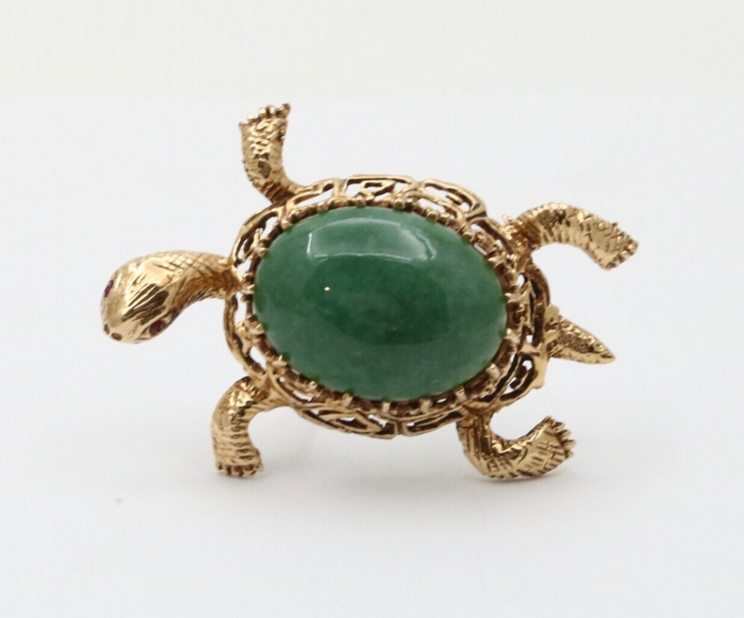 Vintage 14K Gold Turtle Jadi Jade Brooch Pin.