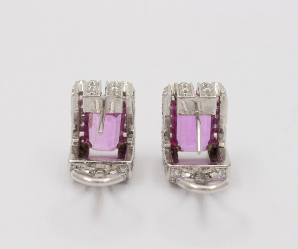 Vintage 18K White Gold Haggis’s Emerald Cut Pink Topaz Diamond Earrings