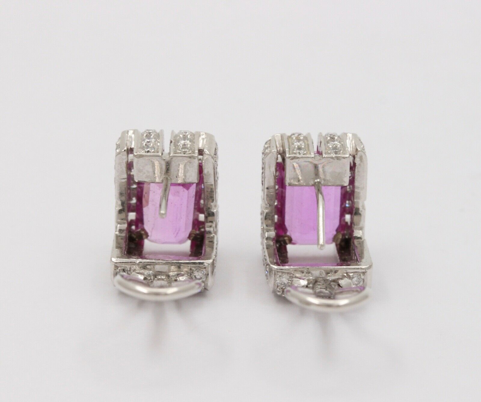 Vintage 18K White Gold Haggis’s Emerald Cut Pink Topaz Diamond Earrings
