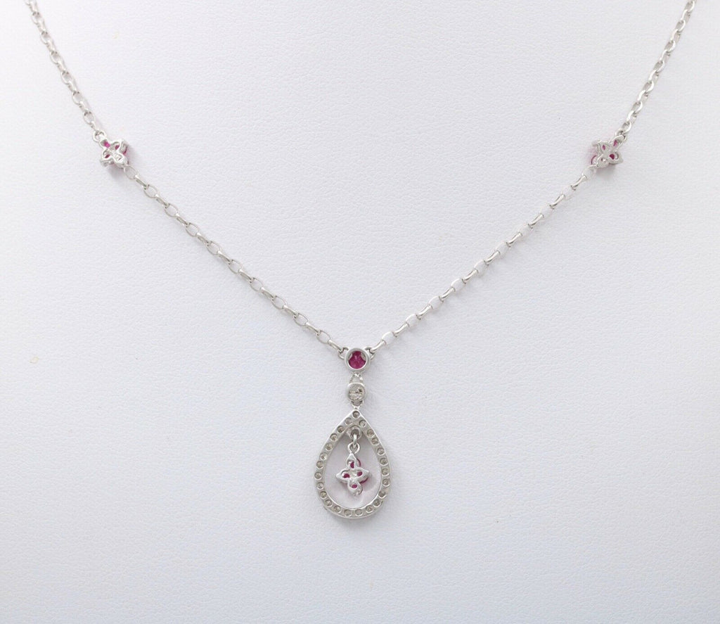 Elegant 18K White Gold Tear Drop Diamond & Ruby Pendant Necklace