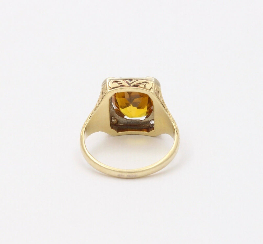 Art Deco Lemon Citrine Diamonds 14K Yellow White Gold Ring