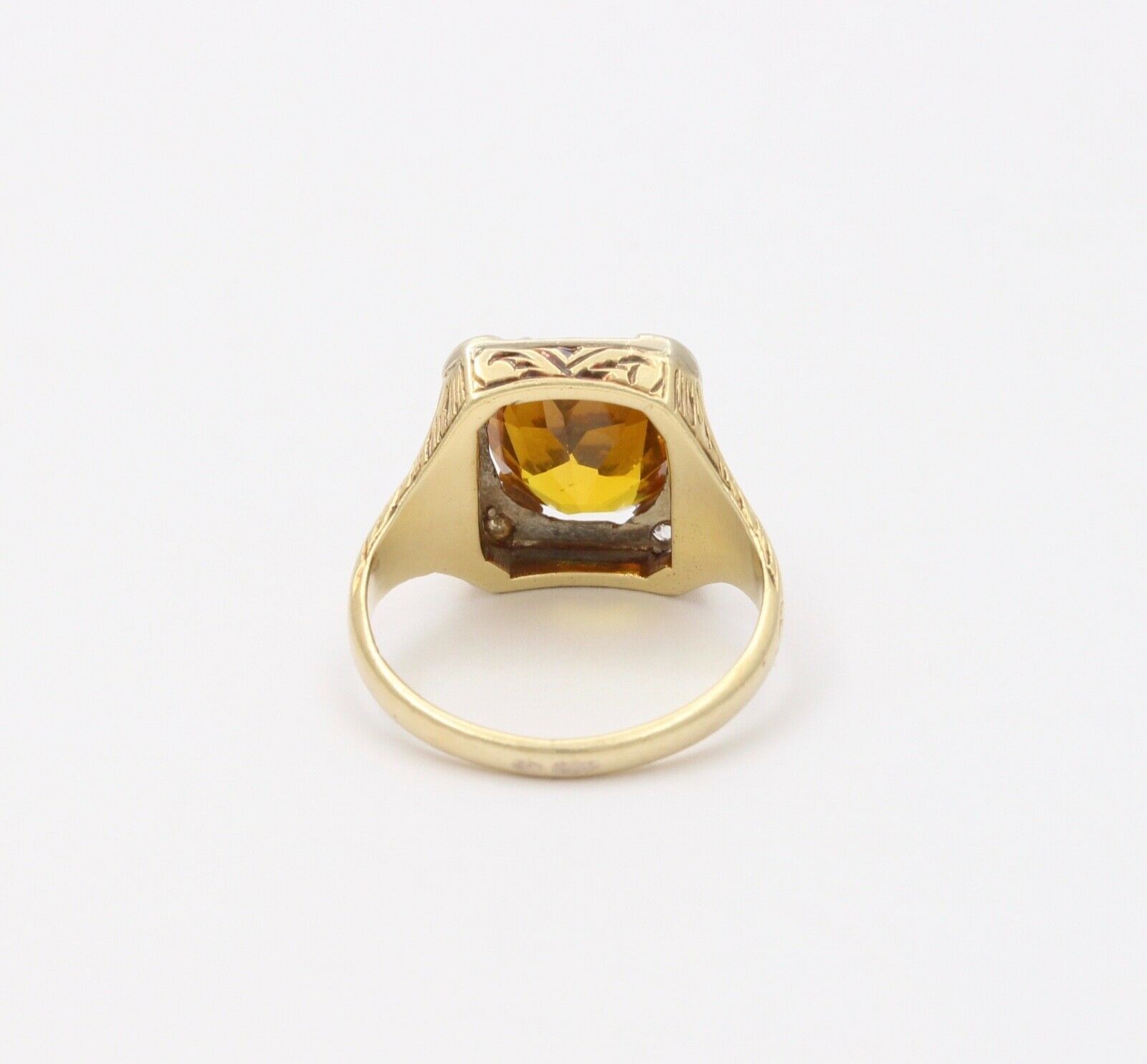 Art Deco Lemon Citrine Diamonds 14K Yellow White Gold Ring
