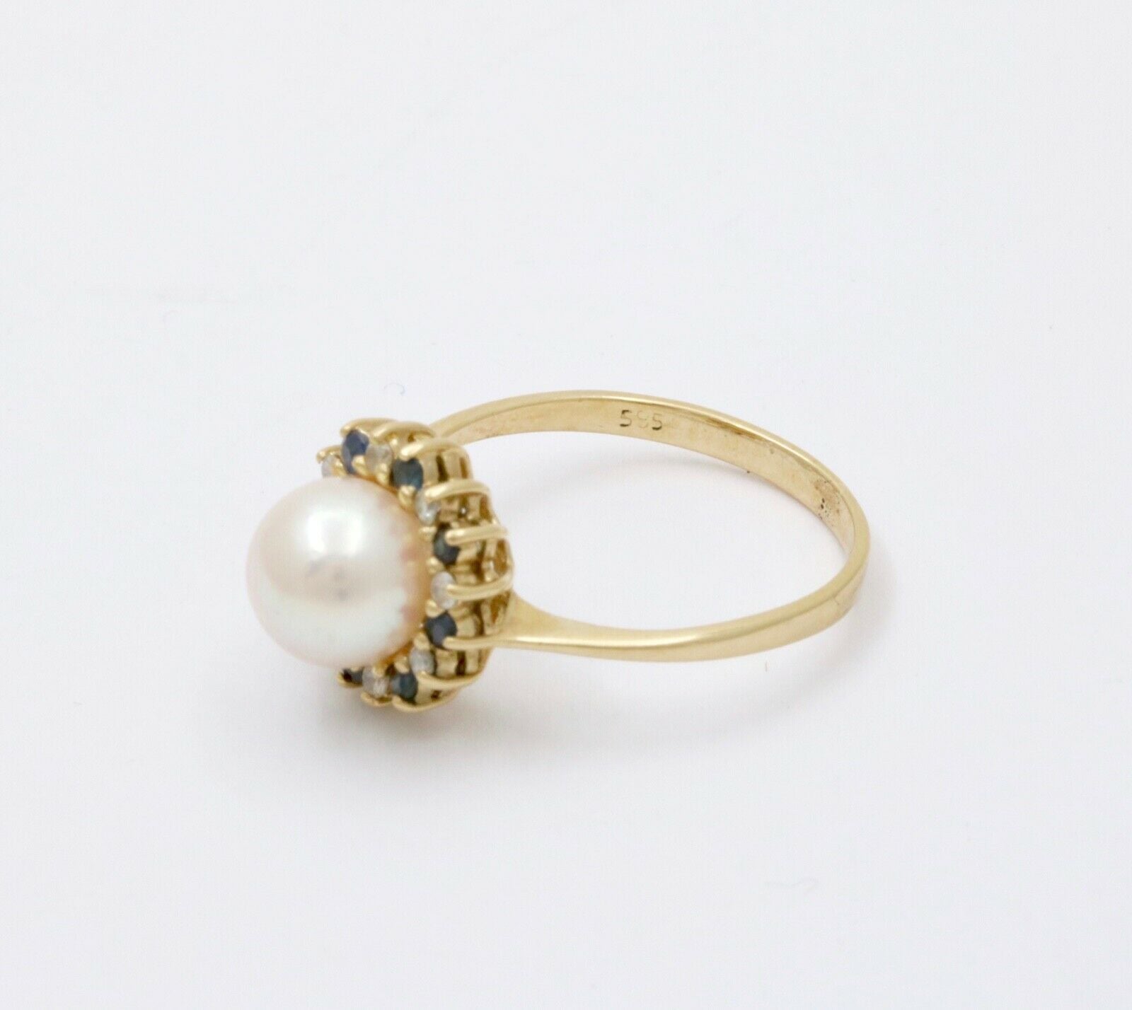 Vintage Pearl Sapphires Diamonds Cluster 14K Yellow Gold Ring