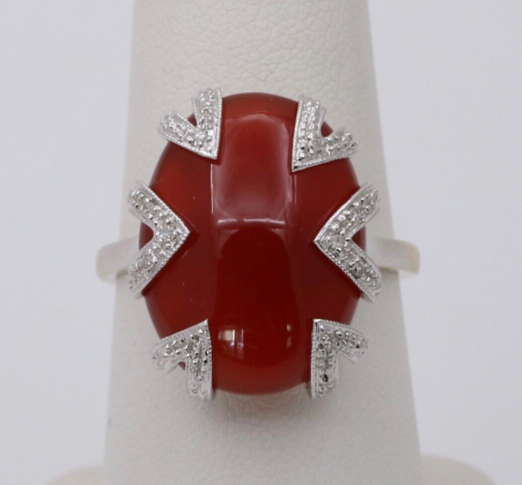 Vintage 14K White Gold Carnelian, Diamond Ring