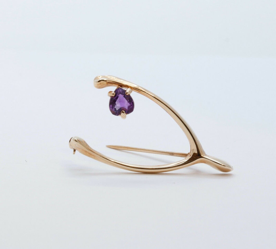 Vintage Lucky 14K Yellow Gold Wishbone Heart Amethyst Pendant Pin