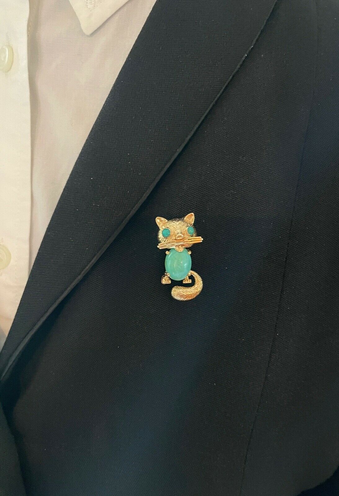 Vintage 14K Yellow Gold Turquoise Kitty Cat Brooch, Pin