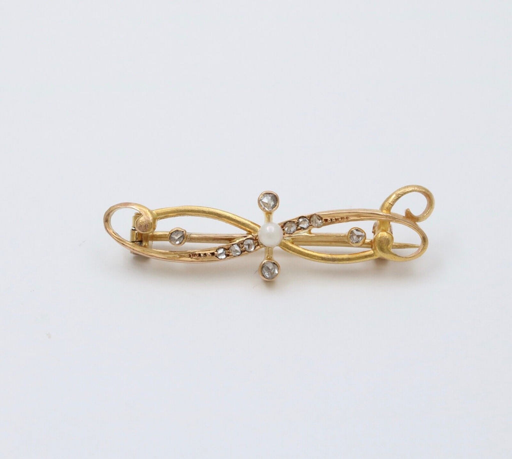 Art Nouveau Rose Cut Diamonds Pearl 14K Yellow Gold Brooch
