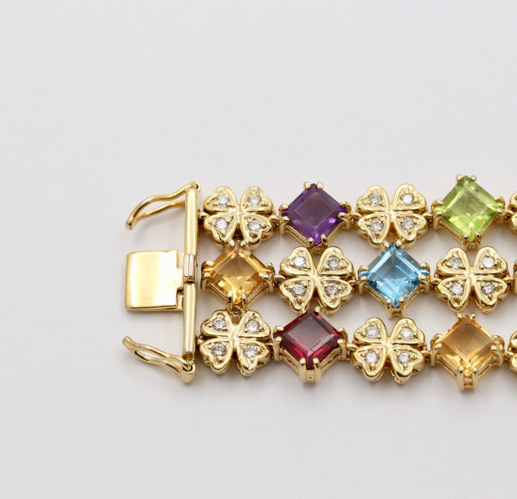 Estate Colorful 14K Yellow Gold Multi Color GemStones Three Layer Bracelet