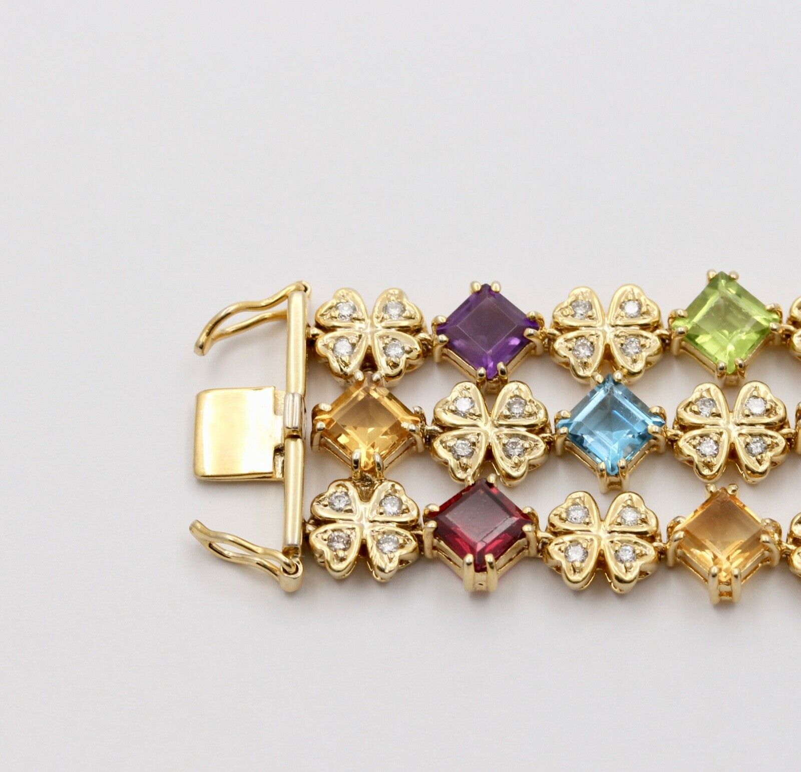 Estate Colorful 14K Yellow Gold Multi Color GemStones Three Layer Bracelet