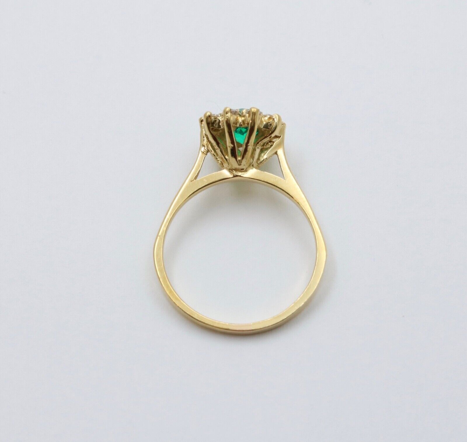 Vintage 18K Gold Emerald Diamond Halo Ring, Engagement Band