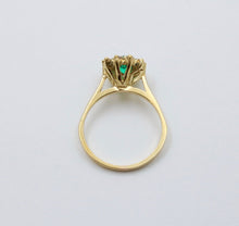 Load image into Gallery viewer, Vintage 18K Gold Emerald Diamond Halo Ring, Engagement Band
