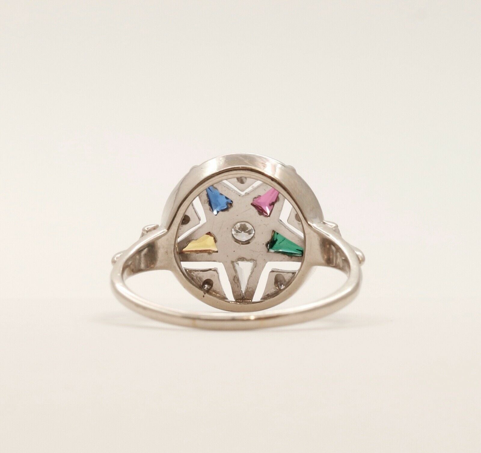 Vintage 14K White Gold Order of The Eastern Star Diamonds Gemstones Ring