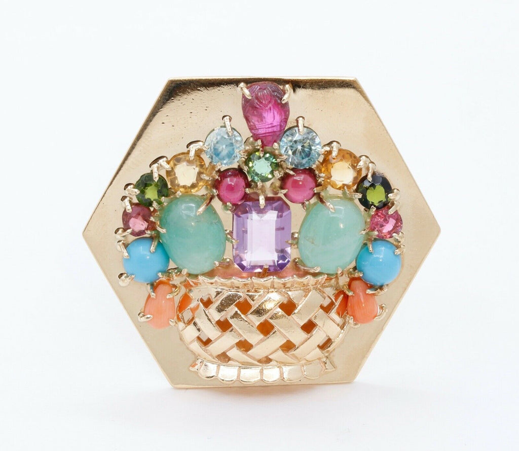 Vintage Multi Stone Flower Basket 14K Yellow Gold Brooch Pin