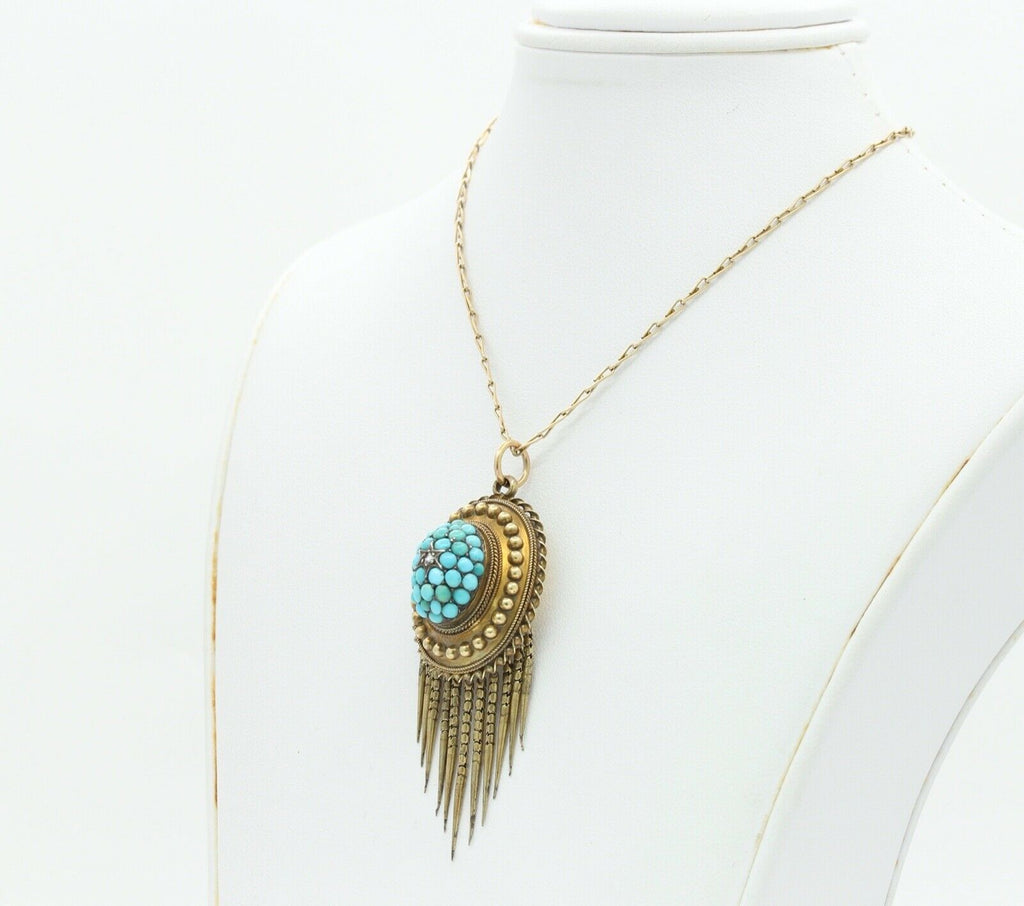 Victorian 14K 10K Yellow Gold Turquoise Diamond Chain Pendant