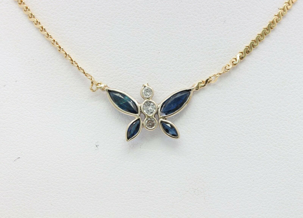 Vintage 14K Yellow Gold Diamond Sapphire Butterfly Pendant