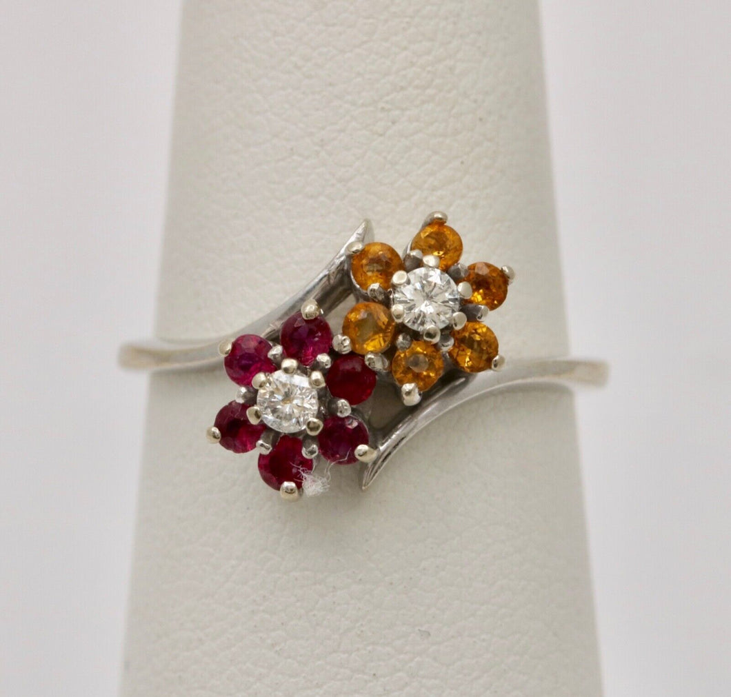 Vintage Flower Multi Stone 14K White Gold Ring