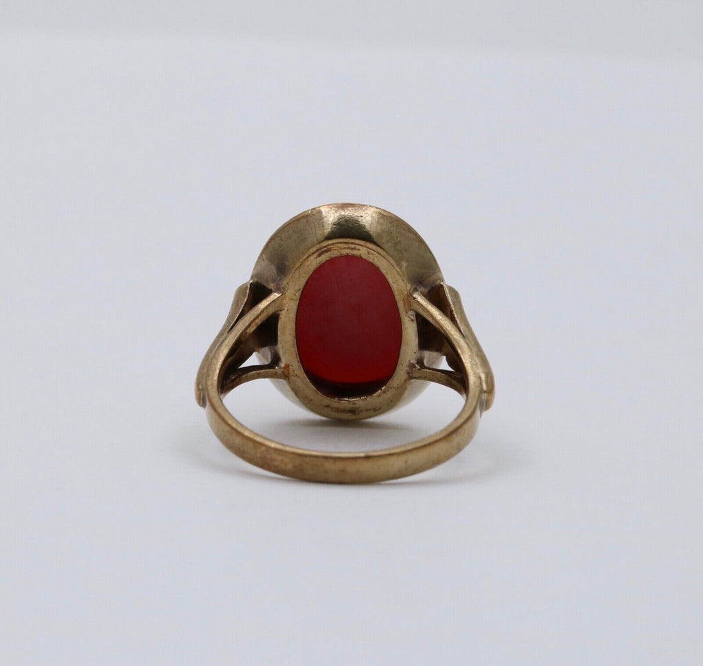 Antique Art Deco 9K Yellow Gold Coral Ring, Cocktail Ring.